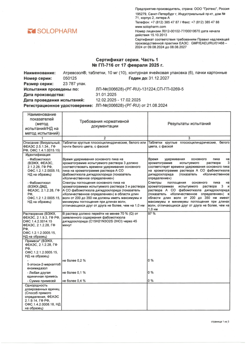Сертификат Атревозол
