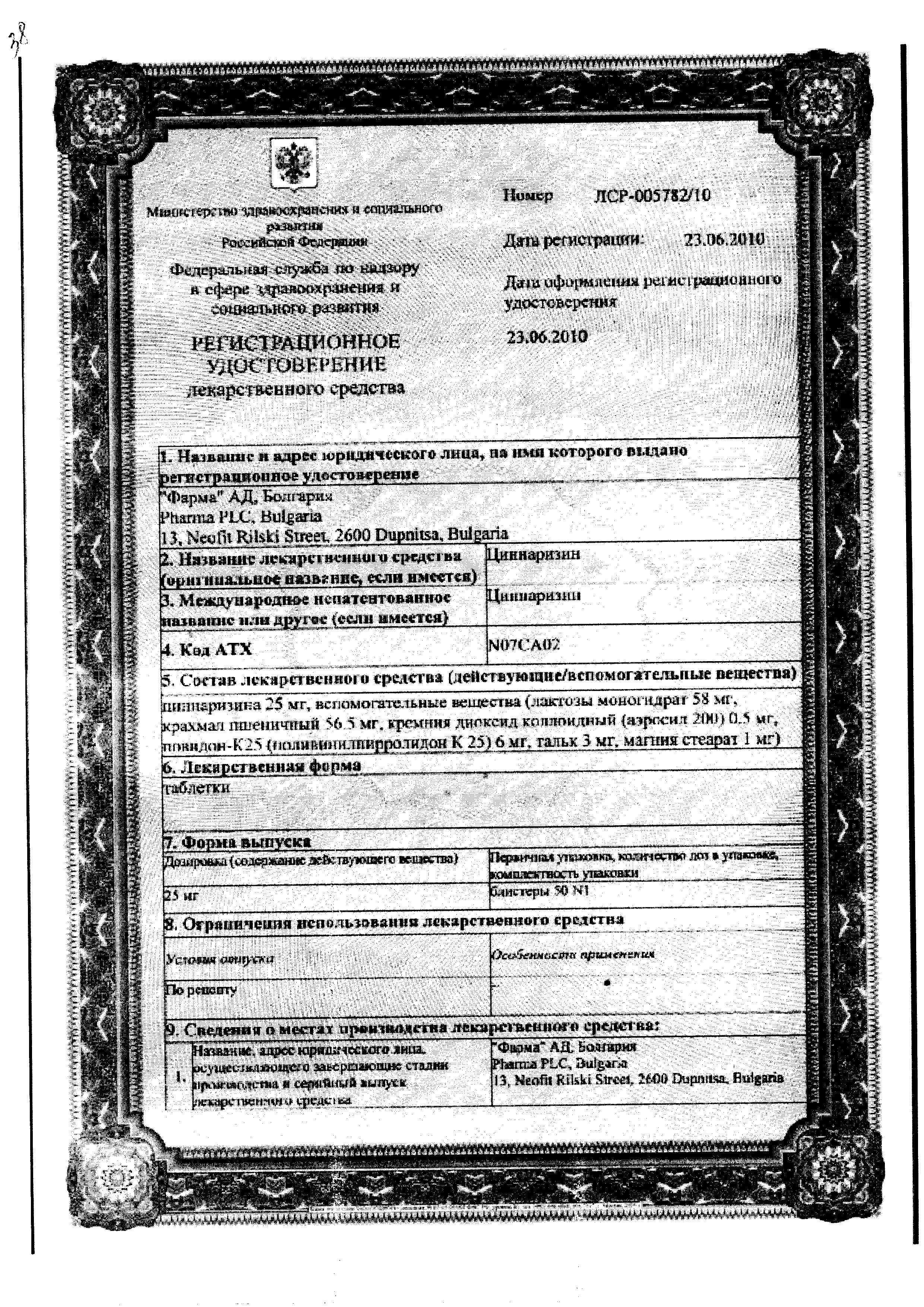 Сертификат на Циннаризин, таблетки 25 мг, 50 шт. (Фарма АД)