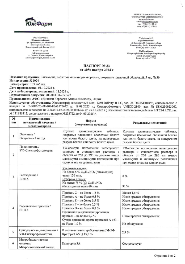 Сертификат Бисакодил Сертификат Бисакодил
