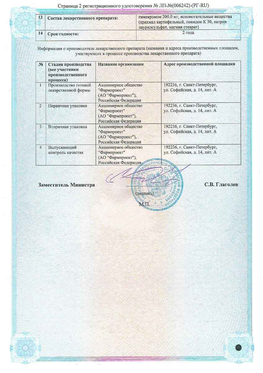 Сертификат Гимекромон Сертификат Гимекромон