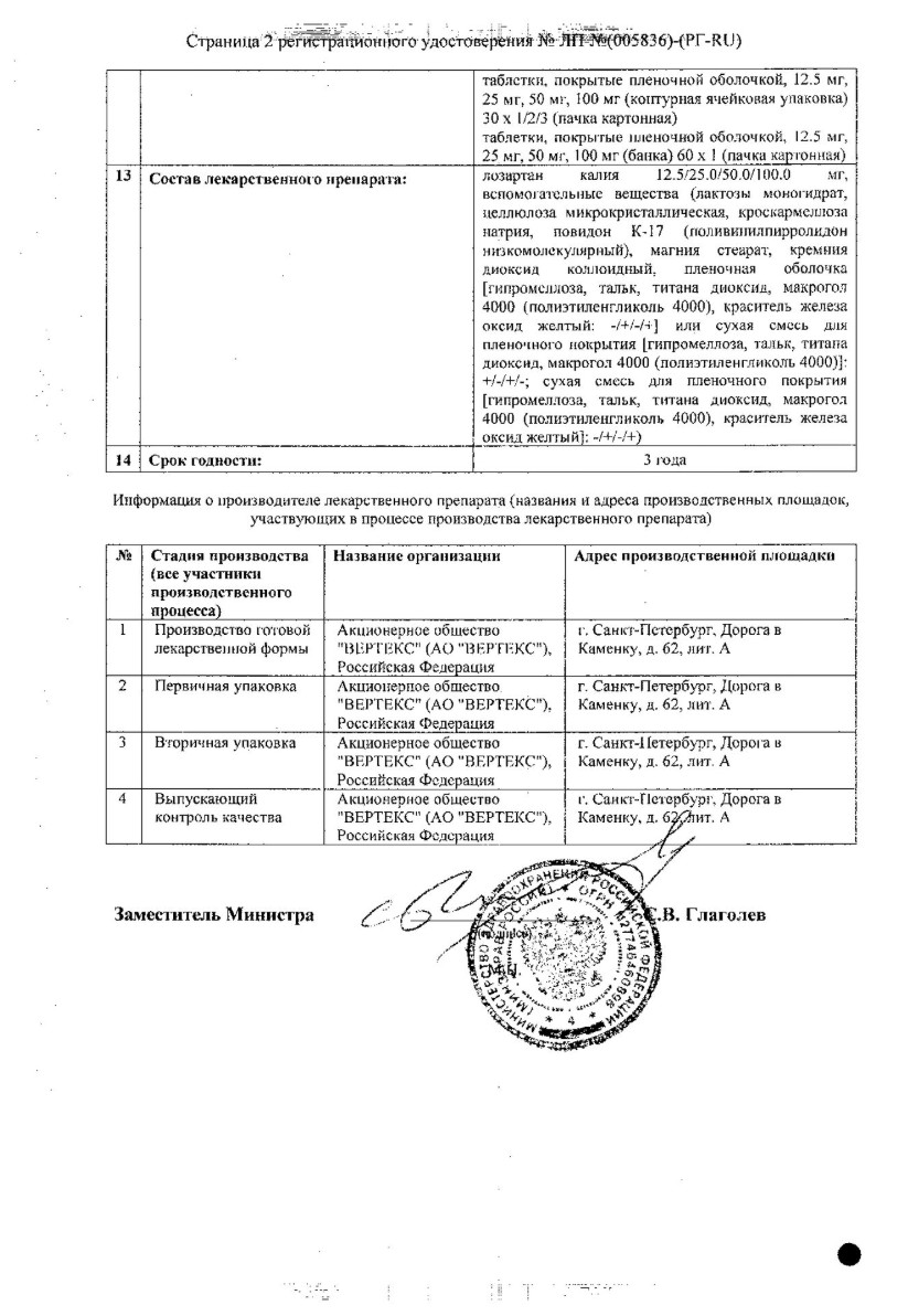 Сертификат на Лозартан-Вертекс, таблетки покрытые пленочной оболочкой 50 мг, 30 шт.