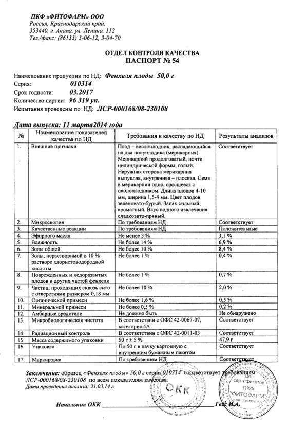 Сертификат на Фенхель плоды пачка х1