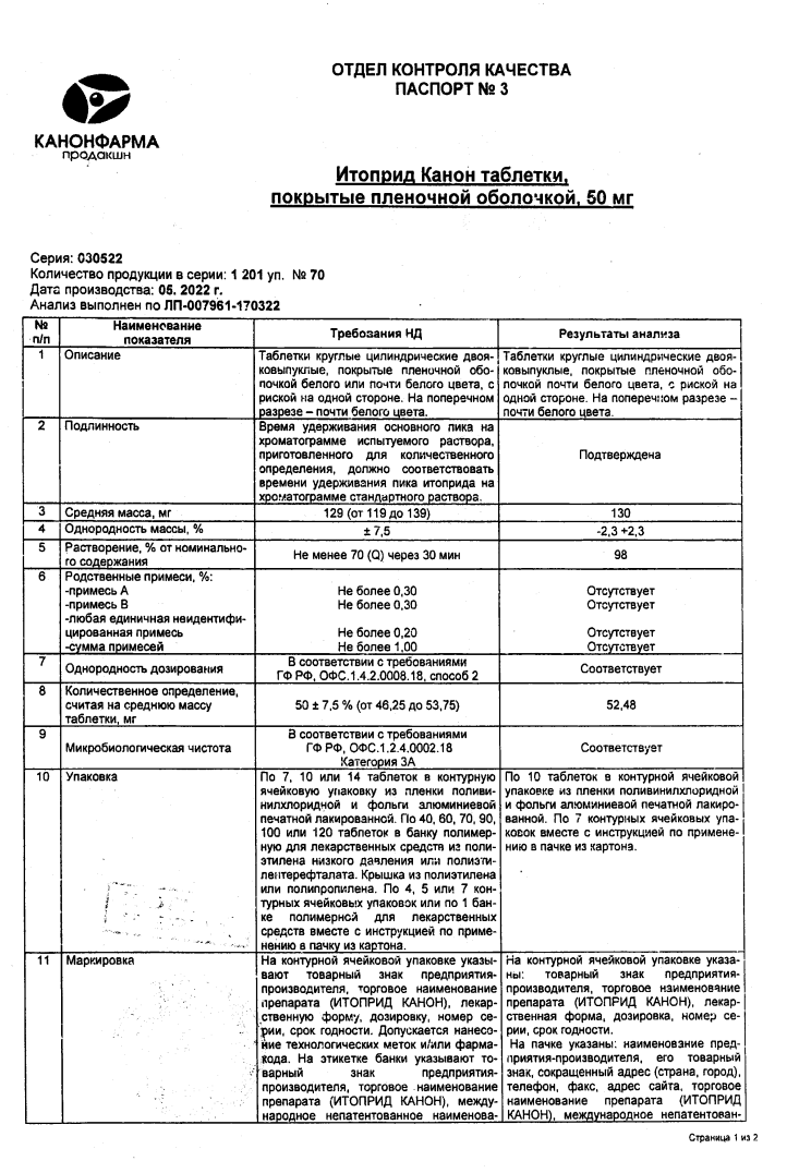 Сертификат на Итоприд Канон, таблетки, покрытые пленочной оболочкой, 50 мг, 70 шт. Сертификат на Итоприд Канон, таблетки, покрытые пленочной оболочкой, 50 мг, 70 шт.