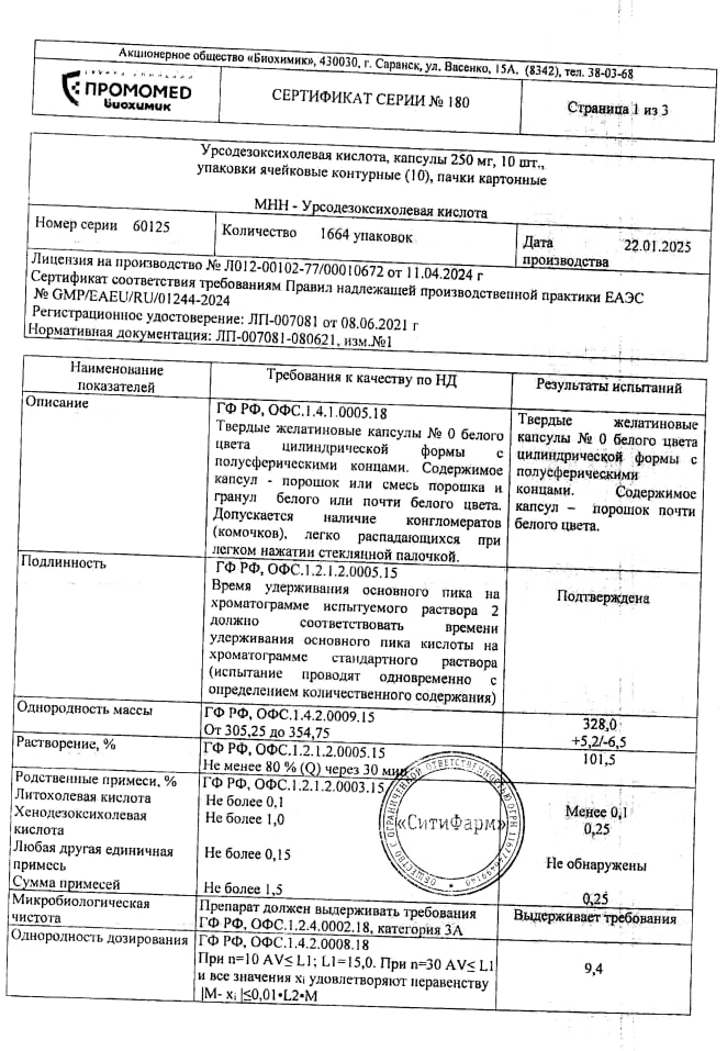 Сертификат на Урсодезоксихолевая кислота, капсулы, 250 мг, 100 шт. Сертификат на Урсодезоксихолевая кислота, капсулы, 250 мг, 100 шт.