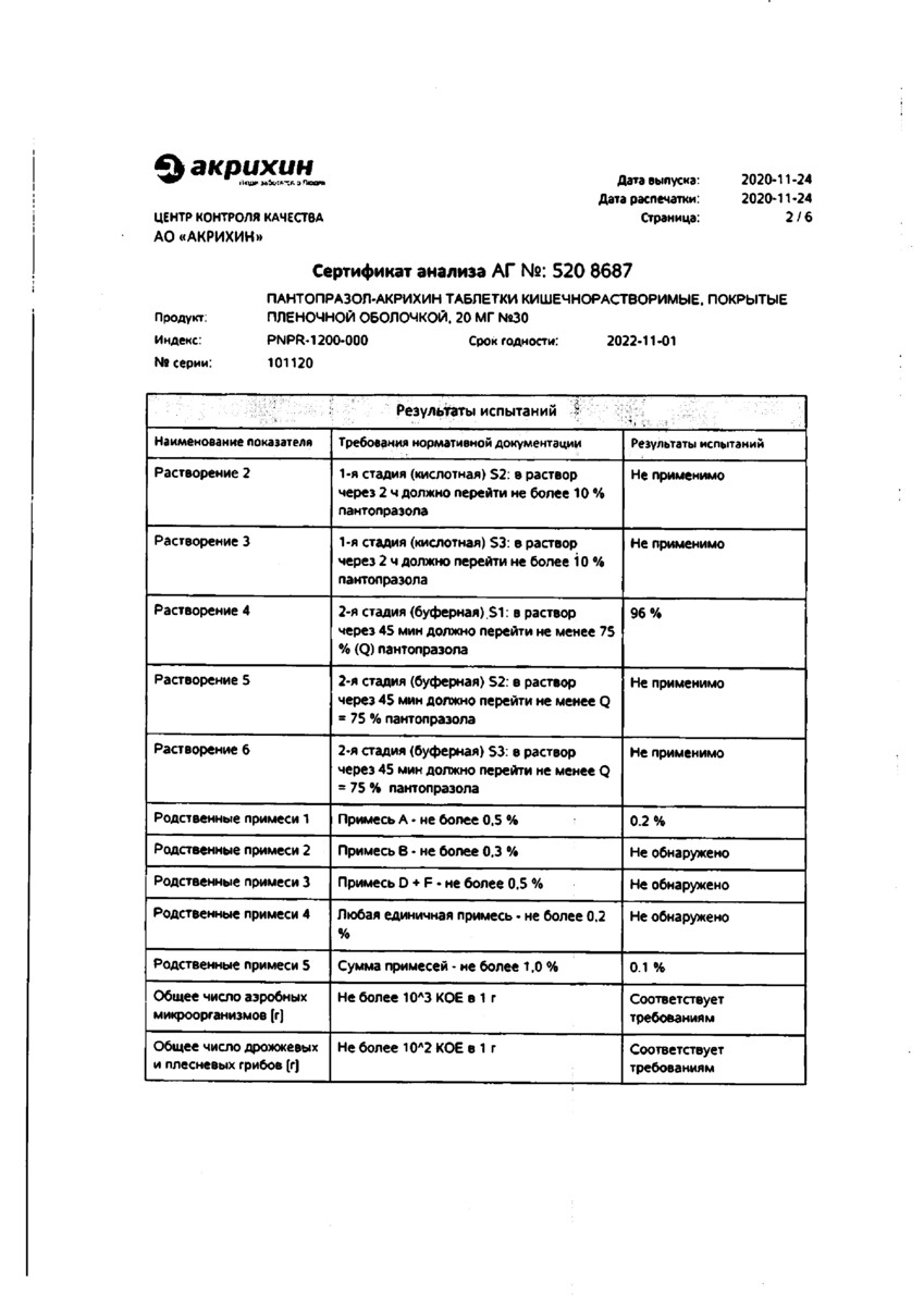 Сертификат на Пантопразол-Акрихин, таблетки покрыт. плен. об. 20 мг, 30 шт Сертификат на Пантопразол-Акрихин, таблетки покрыт. плен. об. 20 мг, 30 шт
