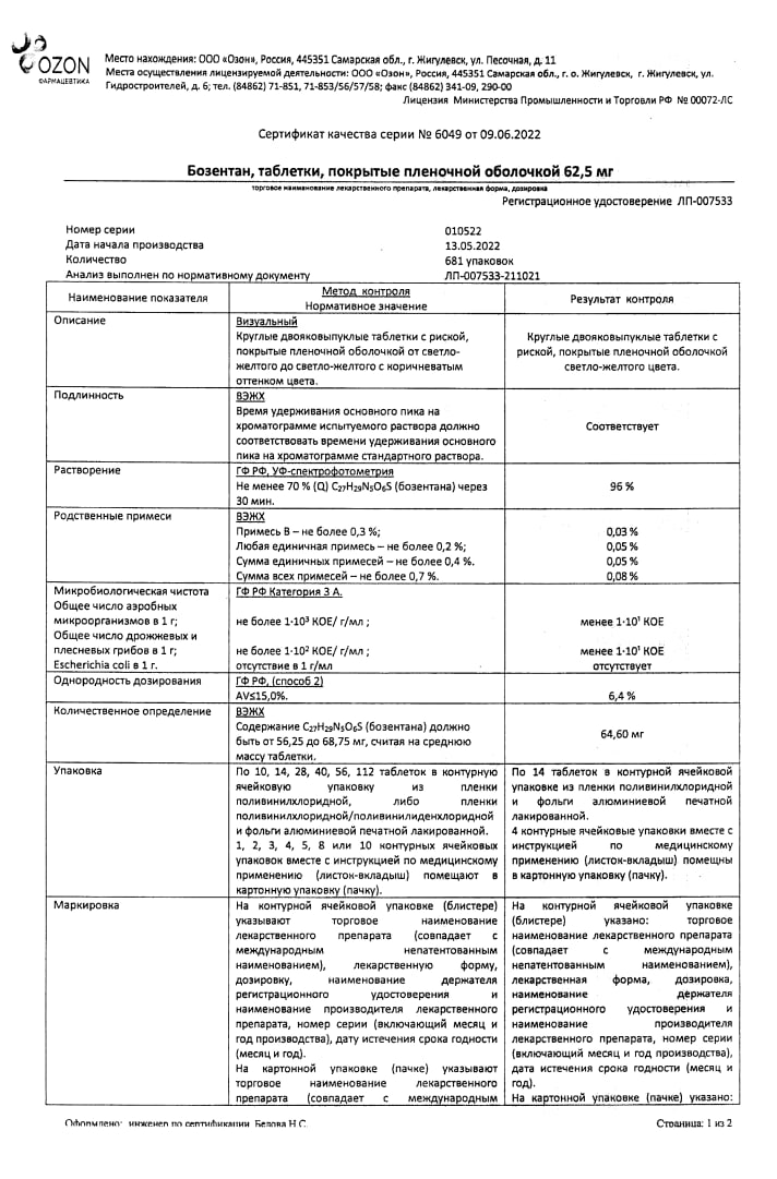 Сертификат Бозентан Сертификат Бозентан