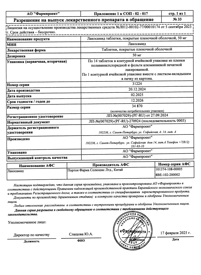 Сертификат на Лакосамид, таблетки покрытые пленочной оболочкой 100 мг, 14 шт. 
