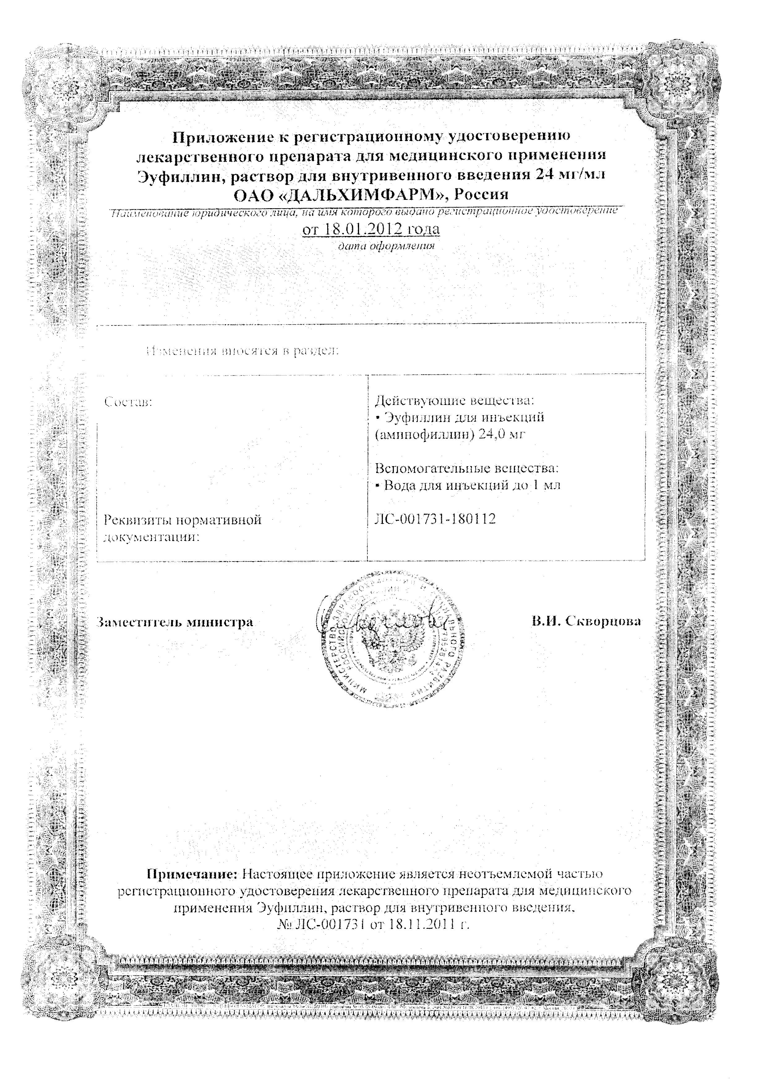 Сертификат на Эуфиллин, раствор для в/в введения 24 мг/мл, ампулы 5 мл (Дальхимфарм), 10 шт.