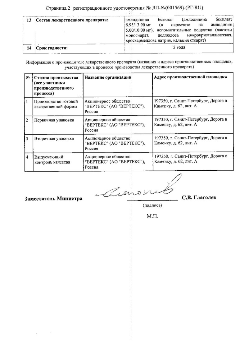Сертификат на Амлодипин-Вертекс, таблетки 10 мг, 30 шт.