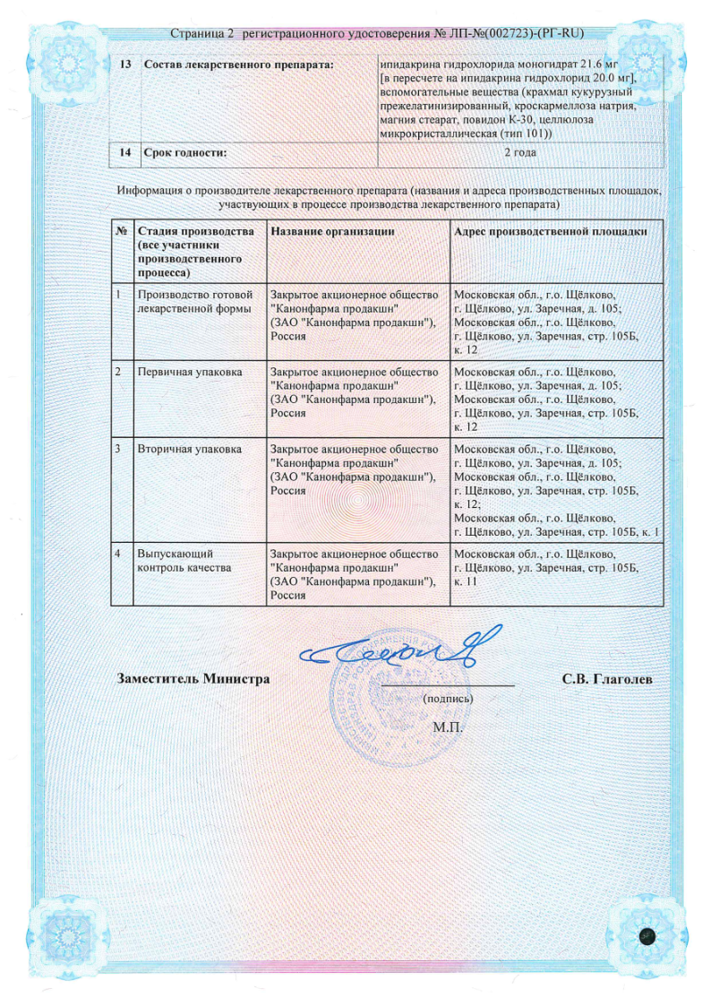 Сертификат на Ипидакрин Канон, таблетки 20 мг, 50 шт. Сертификат на Ипидакрин Канон, таблетки 20 мг, 50 шт.