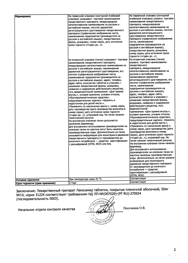 Сертификат Лакосамид