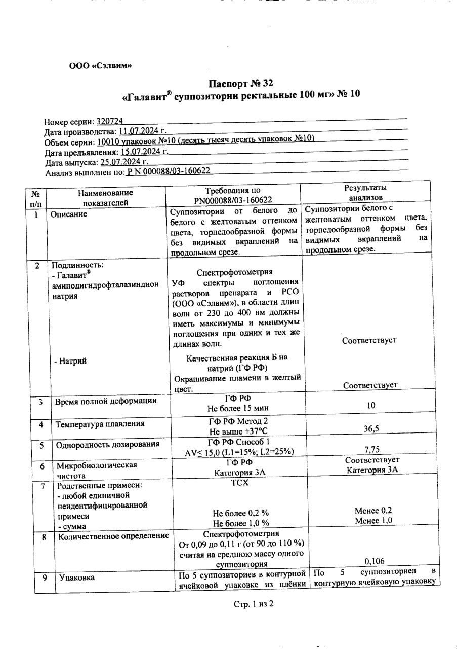 Сертификат Галавит, суппозитории ректальные 100 мг, 10 шт.