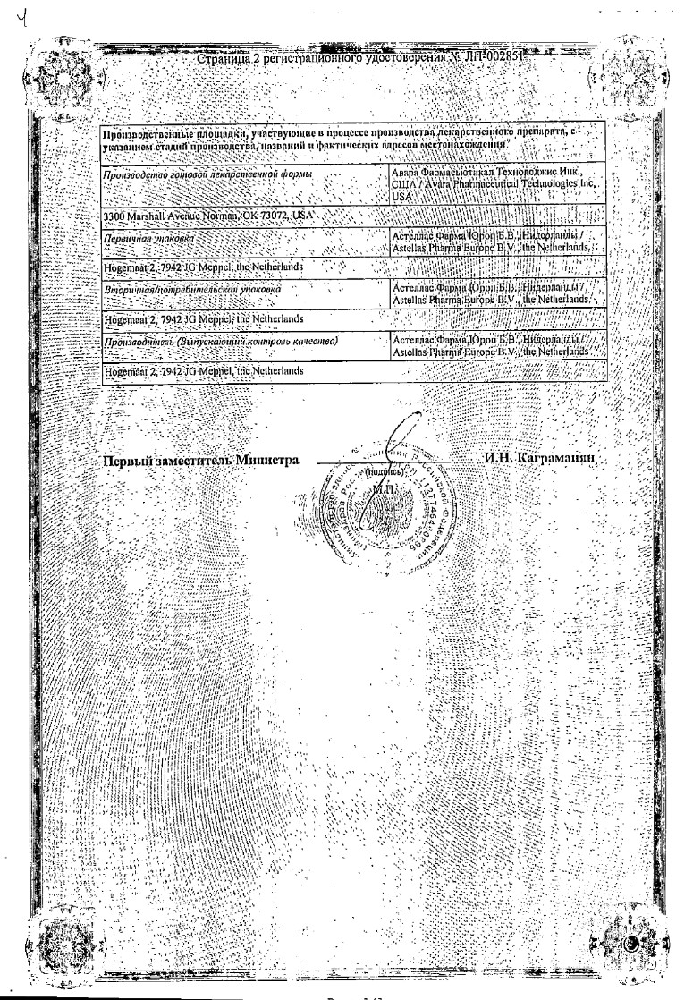 Сертификат на Бетмига, таблетки пролонгированного действия, покрытые пленочной оболочкой 50 мг, 30 шт.