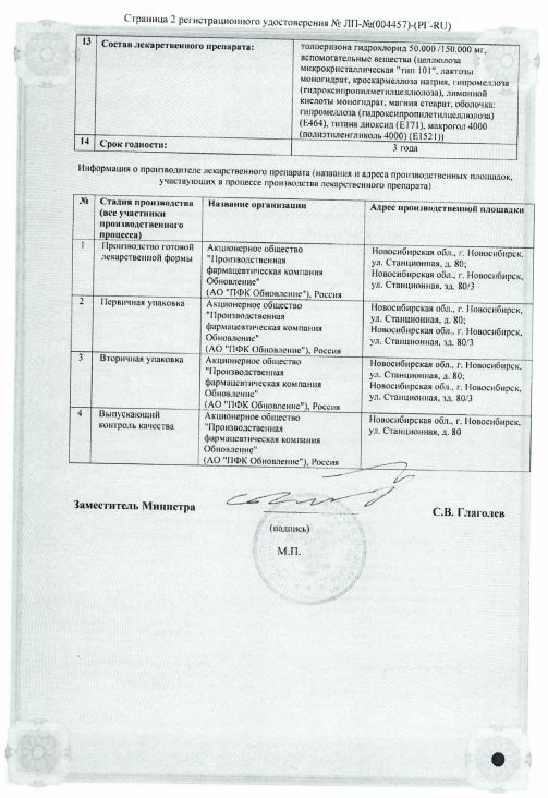 Сертификат Толперизон Сертификат Толперизон