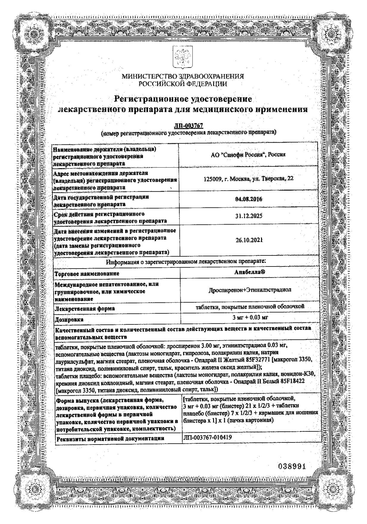 Сертификат Анабелла Сертификат Анабелла