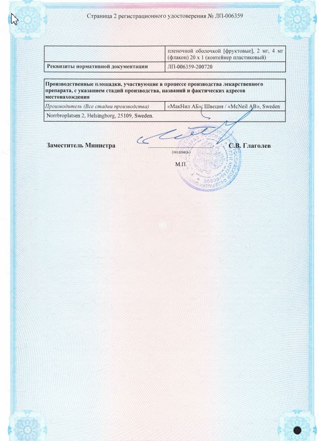 Сертификат на Никоретте, таблетки для рассасывания мятные 2 мг, 20 шт.