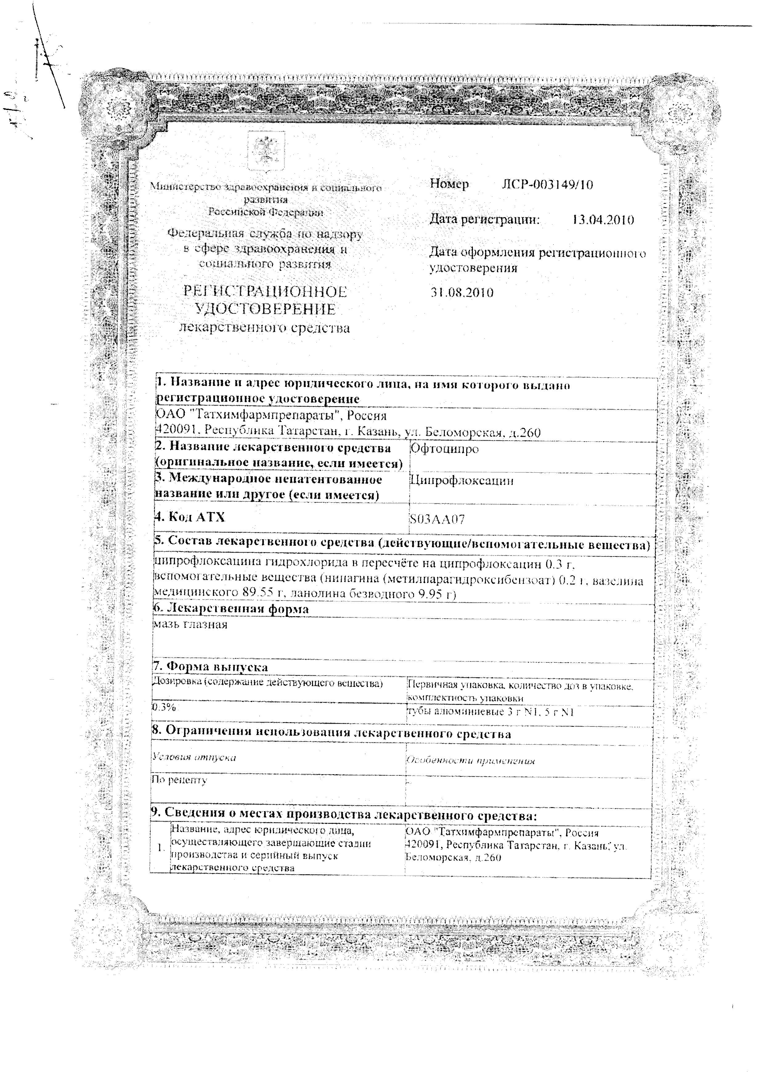Сертификат Офтоципро Сертификат Офтоципро