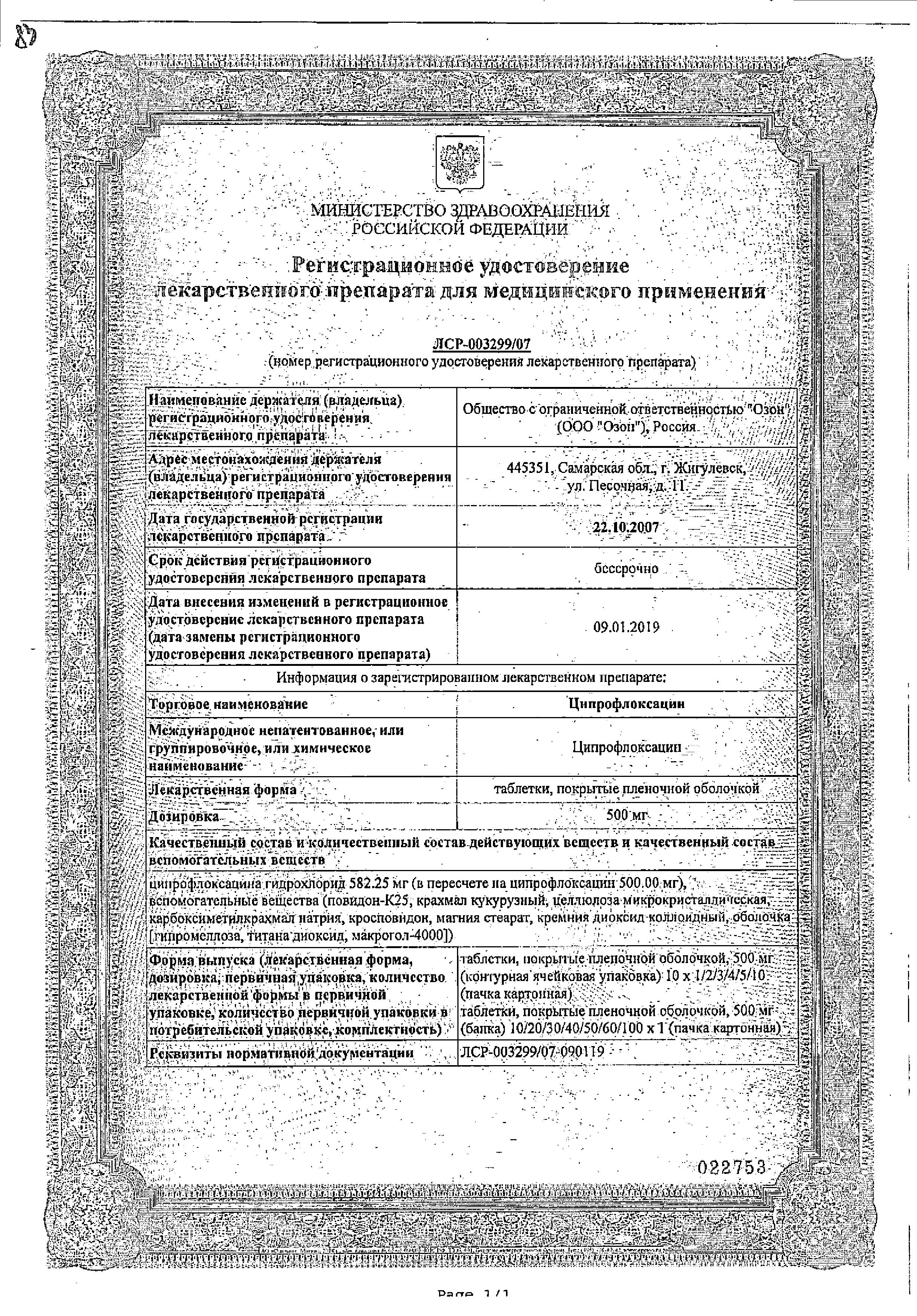 Сертификат Ципрофлоксацин Сертификат Ципрофлоксацин