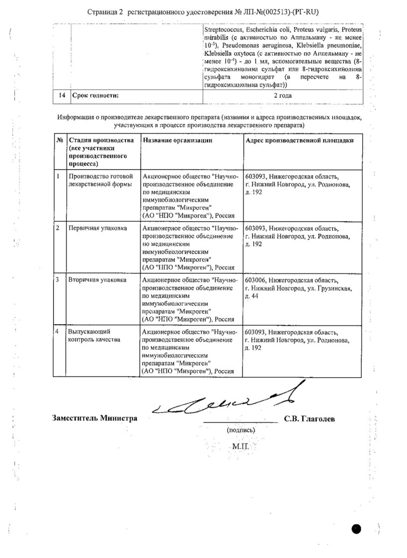 Сертификат на Пиофаг, раствор для местного применения и приема внутрь, 100 мл