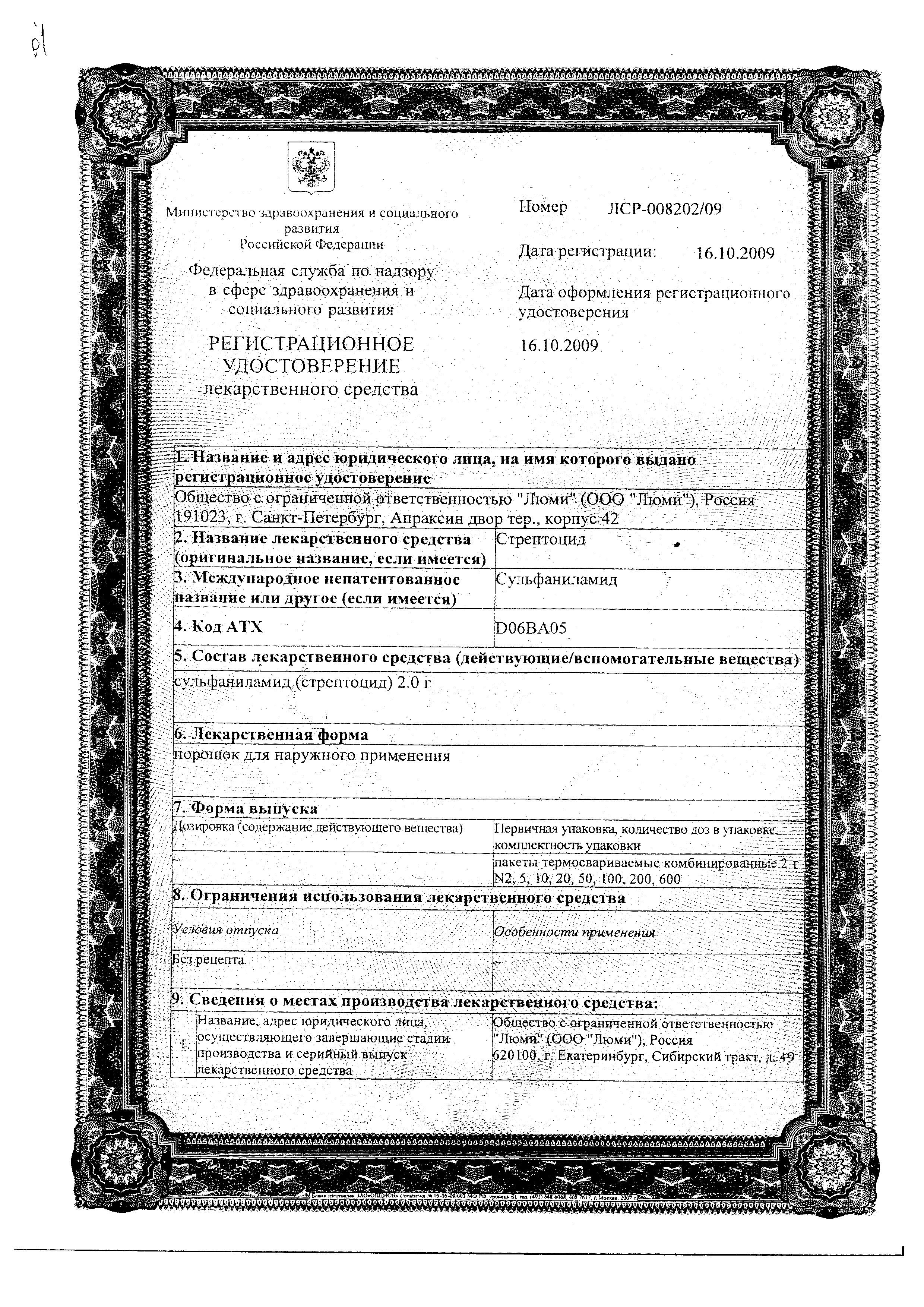 Сертификат Стрептоцид Сертификат Стрептоцид