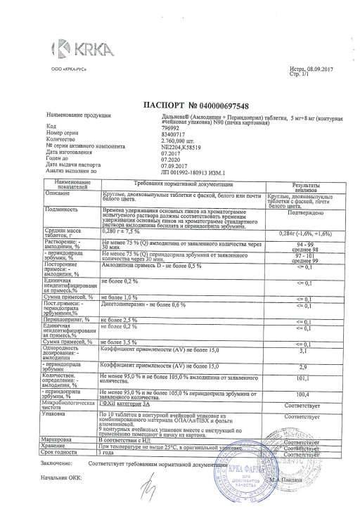 Сертификат на Дальнева, таблетки 5 мг+8 мг, 90 шт. Сертификат на Дальнева, таблетки 5 мг+8 мг, 90 шт.