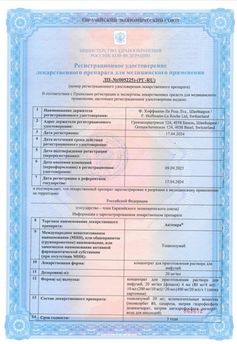 Сертификат Актемра Сертификат Актемра