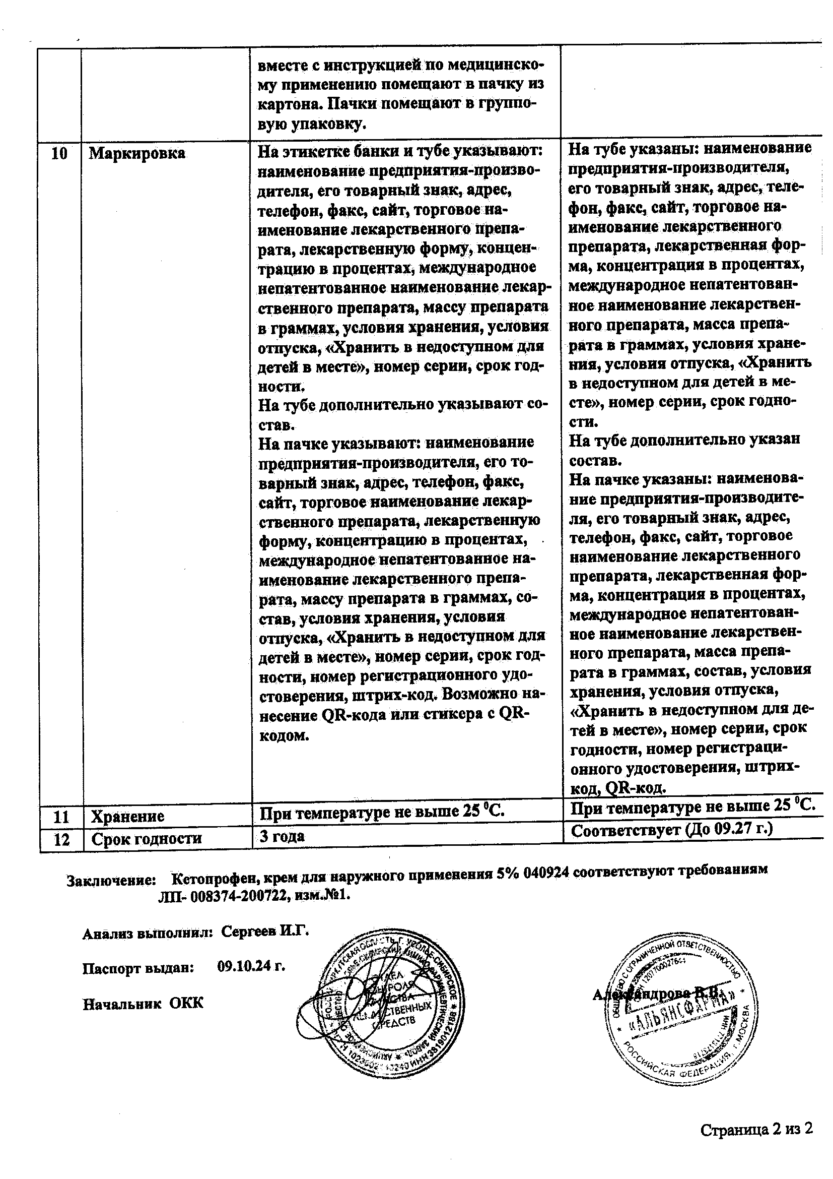 Сертификат на Кетопрофен, крем для наружного применения 5 %, туба 30 г