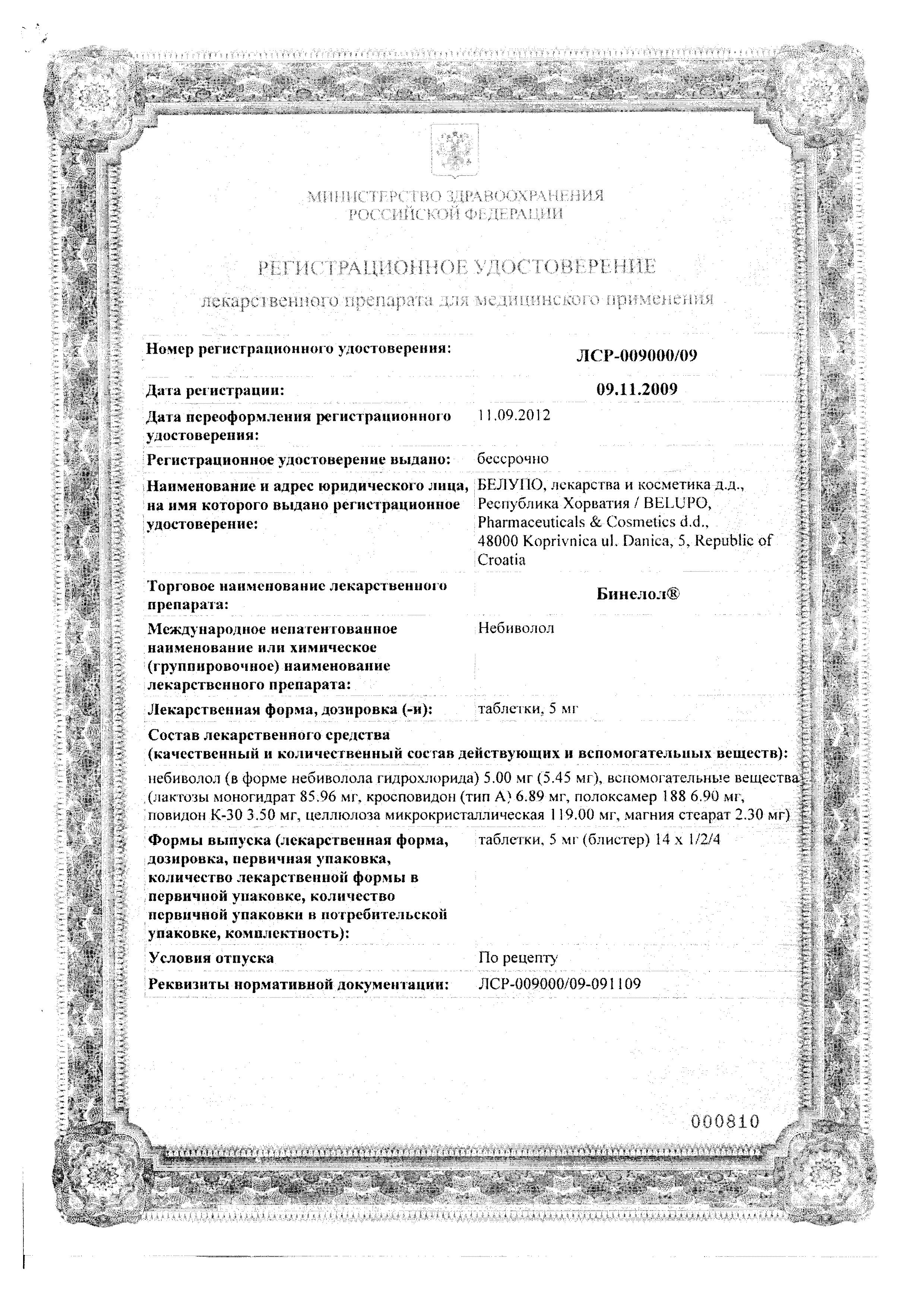Сертификат Бинелол Сертификат Бинелол