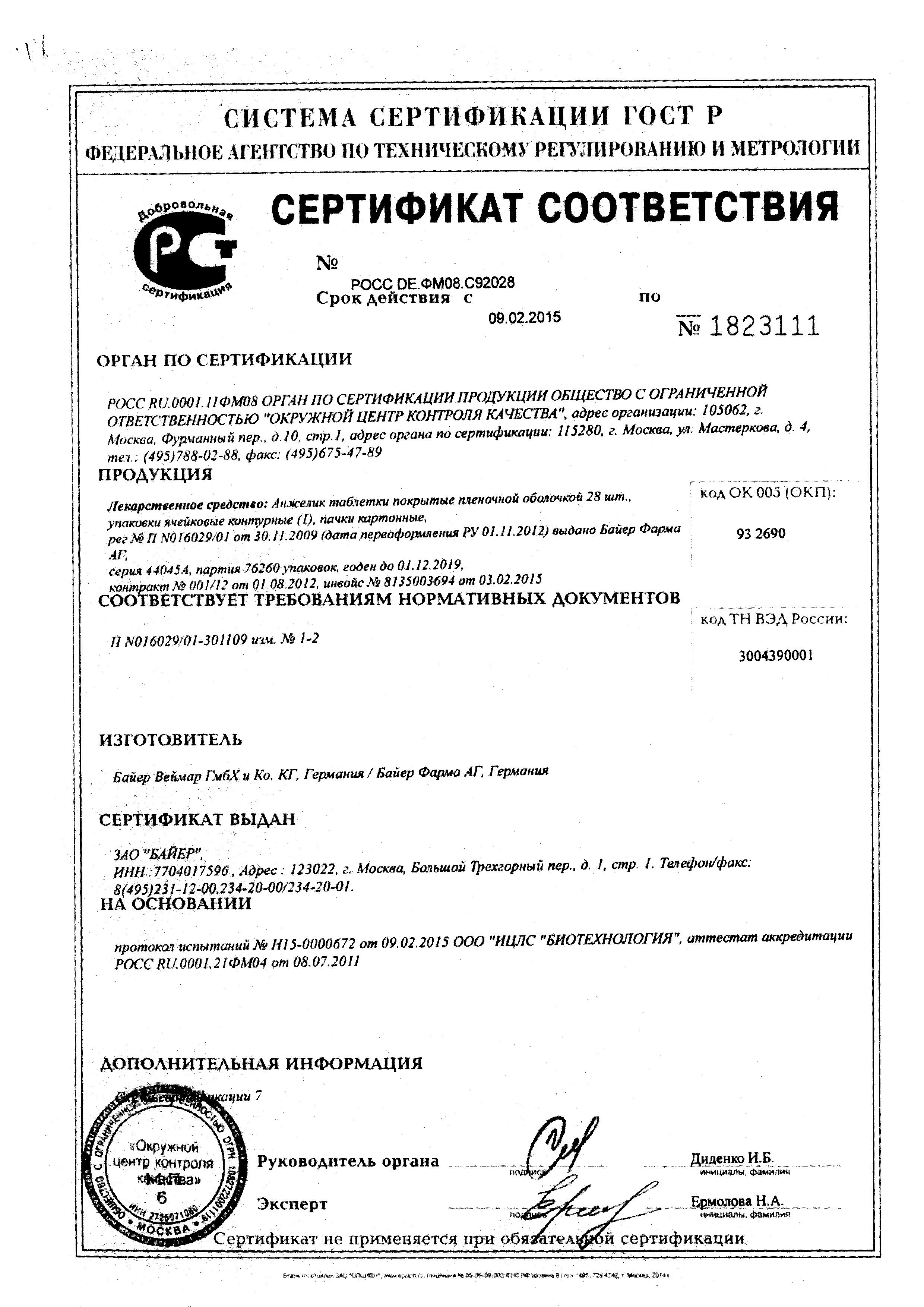 Сертификат на Препараты при климаксе