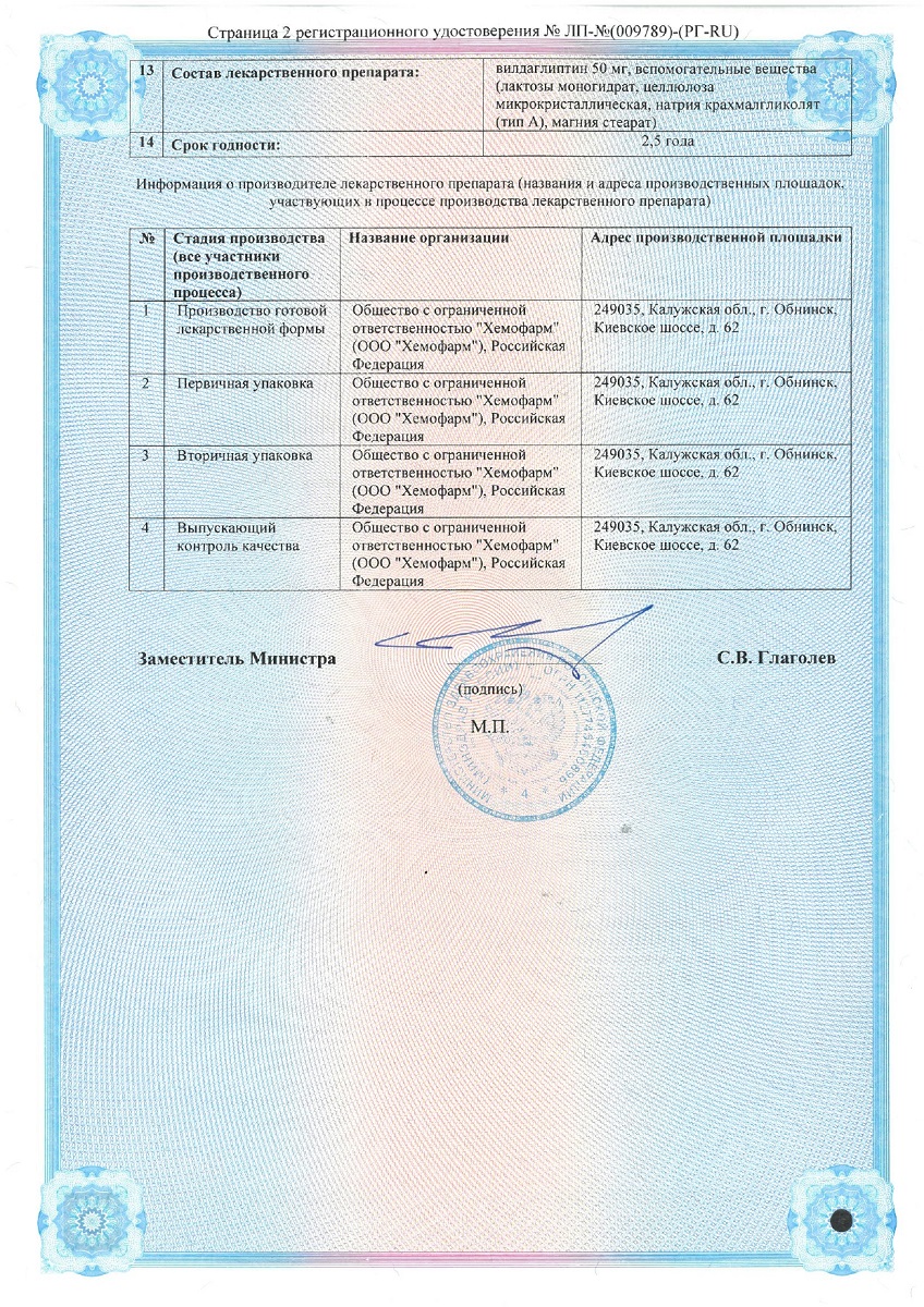 Сертификат на Вилдаглиптин, таблетки 50 мг, 56 шт.