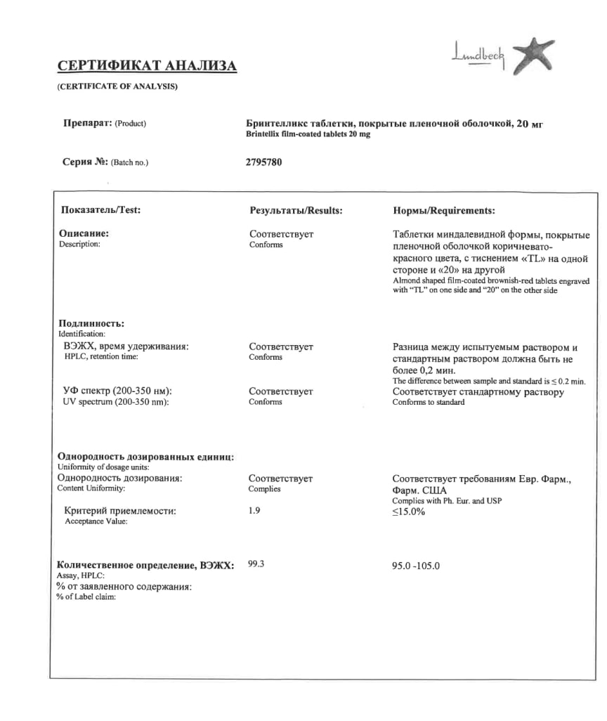 Сертификат Бринтелликс Сертификат Бринтелликс
