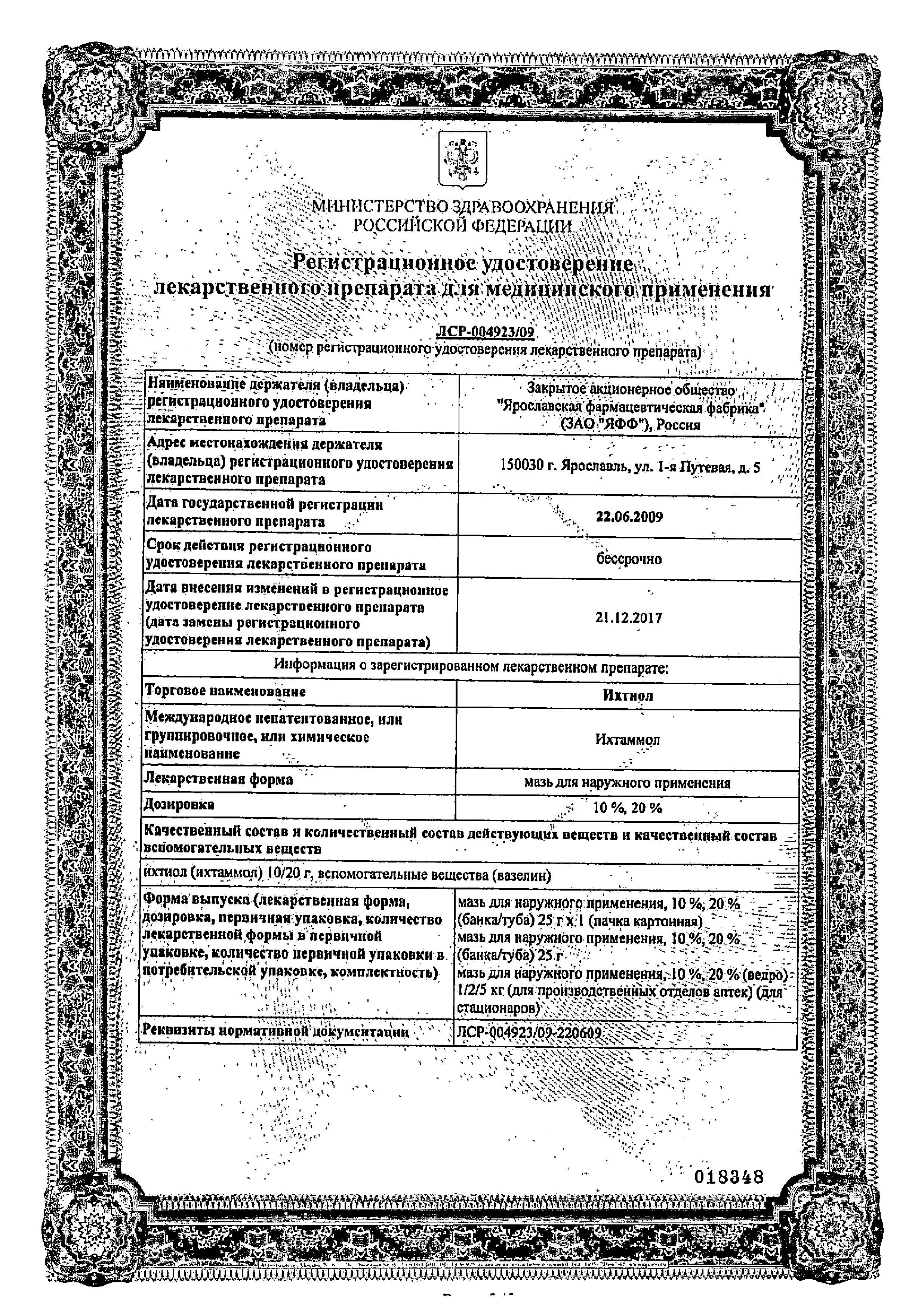 Сертификат на Ихтиол, мазь 10%, туба 25 г