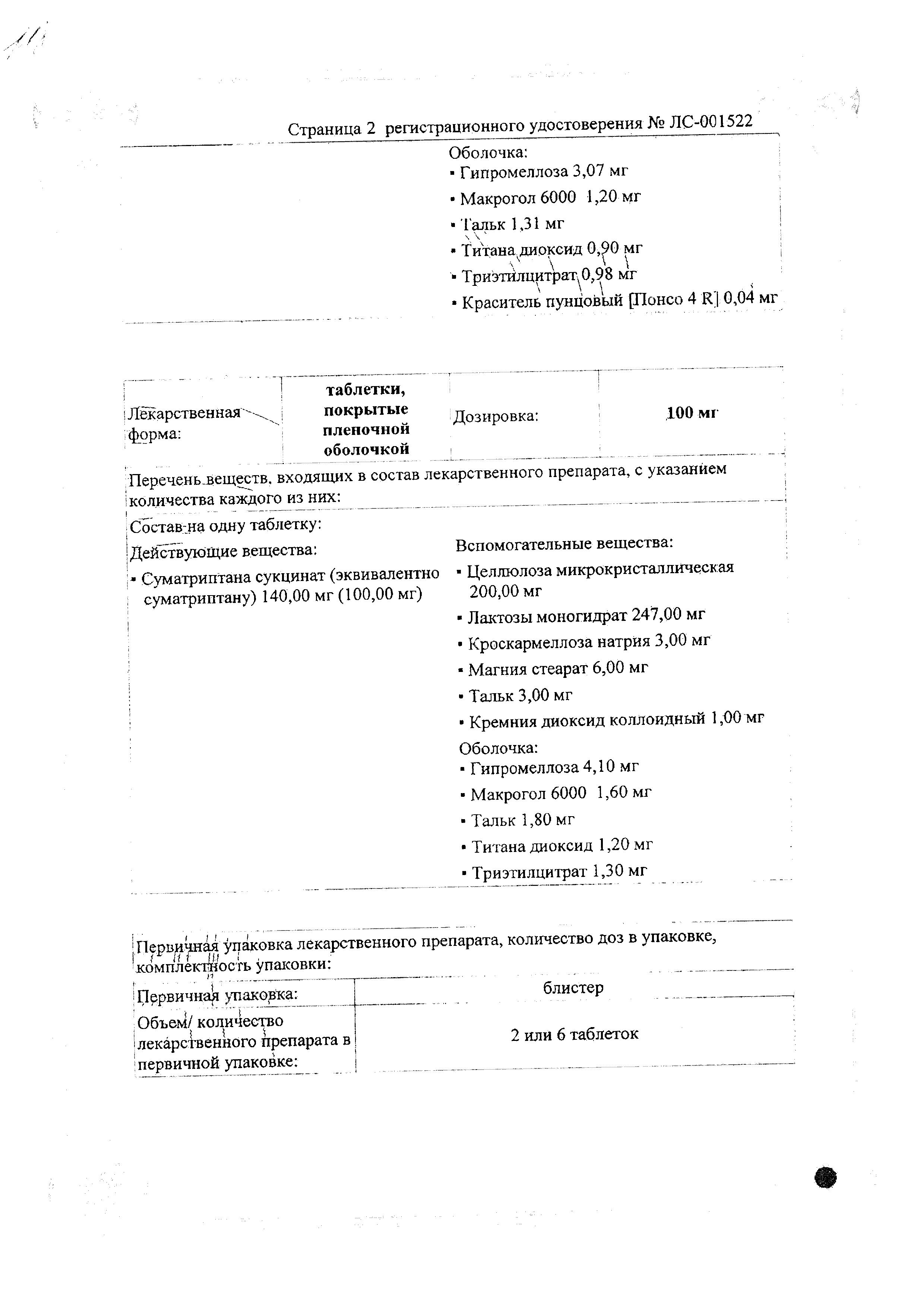 Сертификат на Сумамигрен, таблетки покрыт. плен. об. 100 мг, 6 шт.