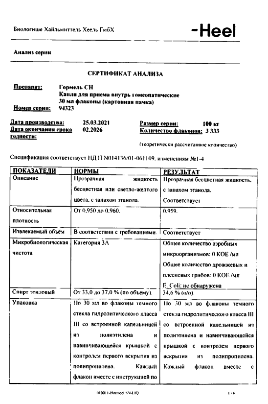 Сертификат Гормель СН Сертификат Гормель СН