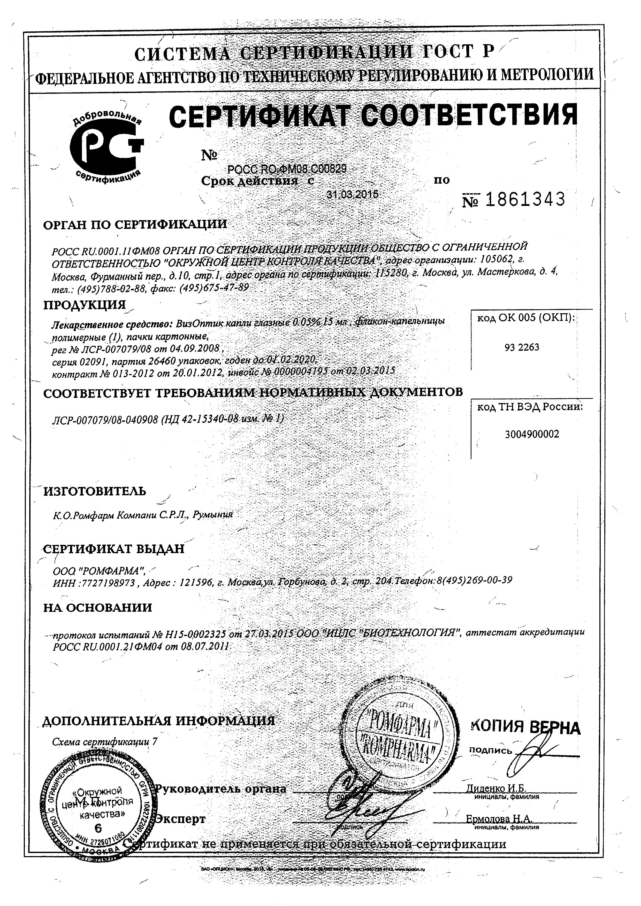 Сертификат ВизОптик Сертификат ВизОптик