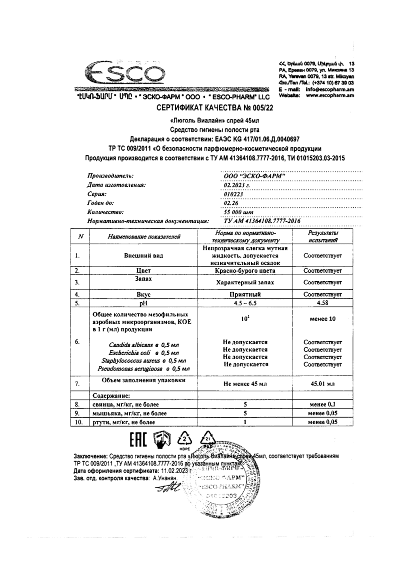 Сертификат Люголь Сертификат Люголь