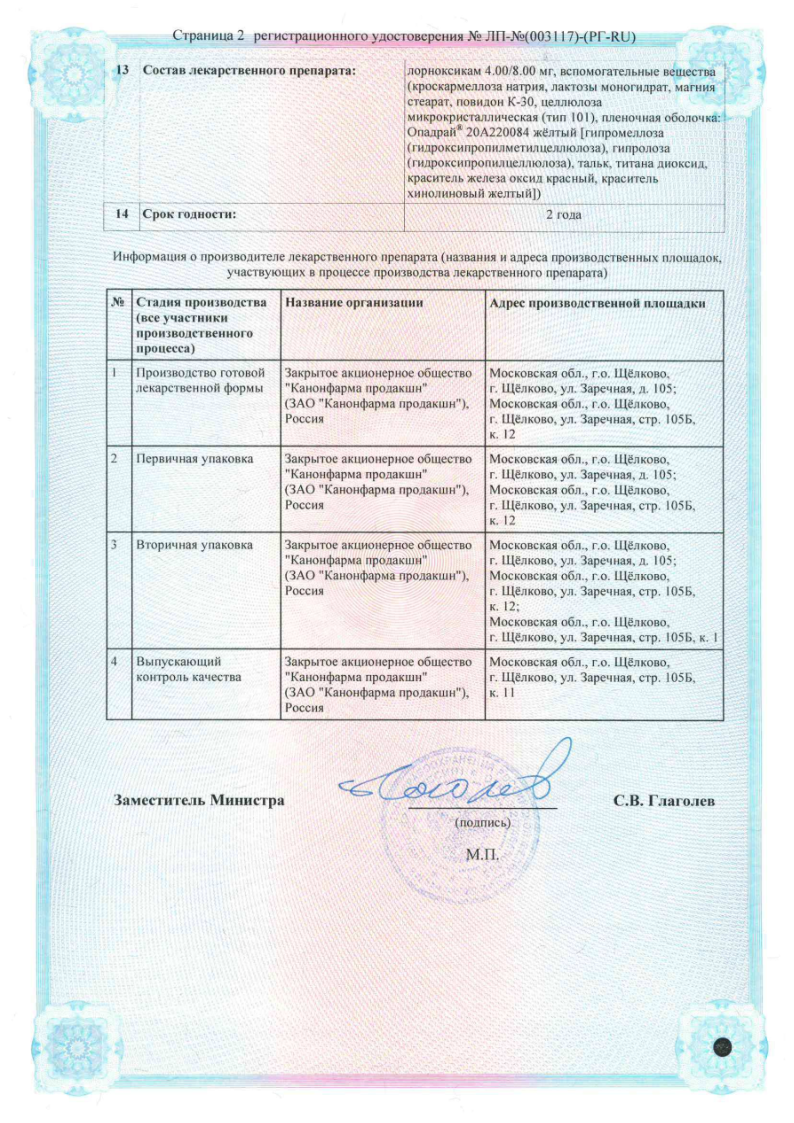 Сертификат на Лорноксикам Канон, таблетки в плёночной оболочке 8 мг, 30 шт.