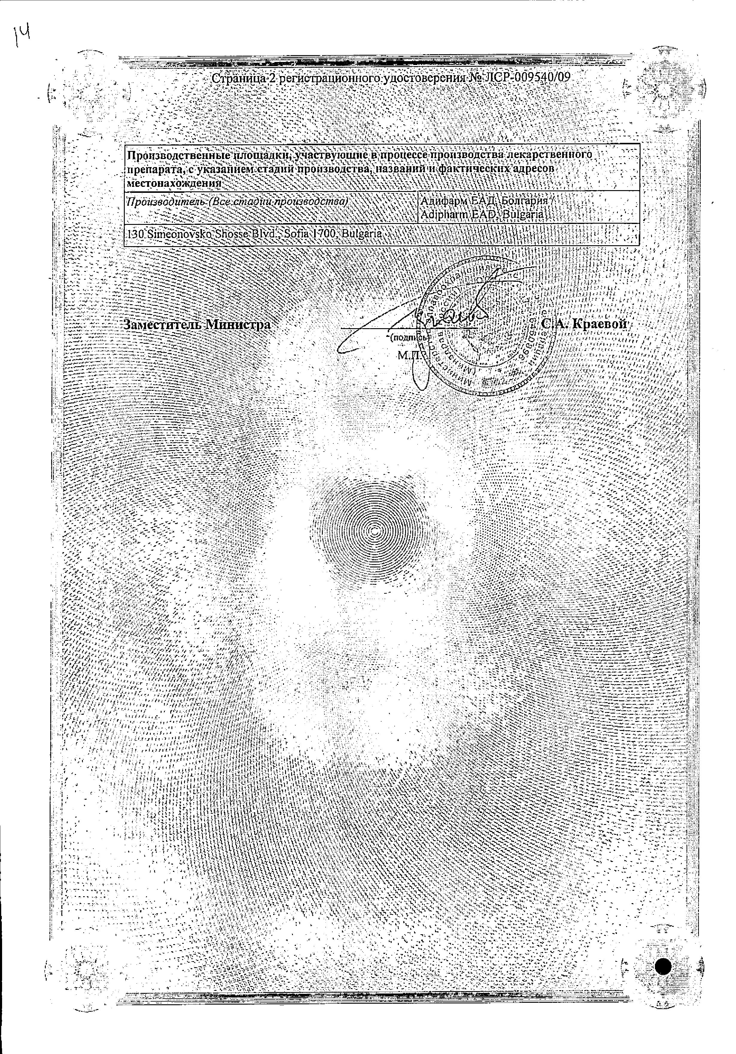 Сертификат на Лизиноприл-Акрихин, таблетки 20 мг, 30 шт.