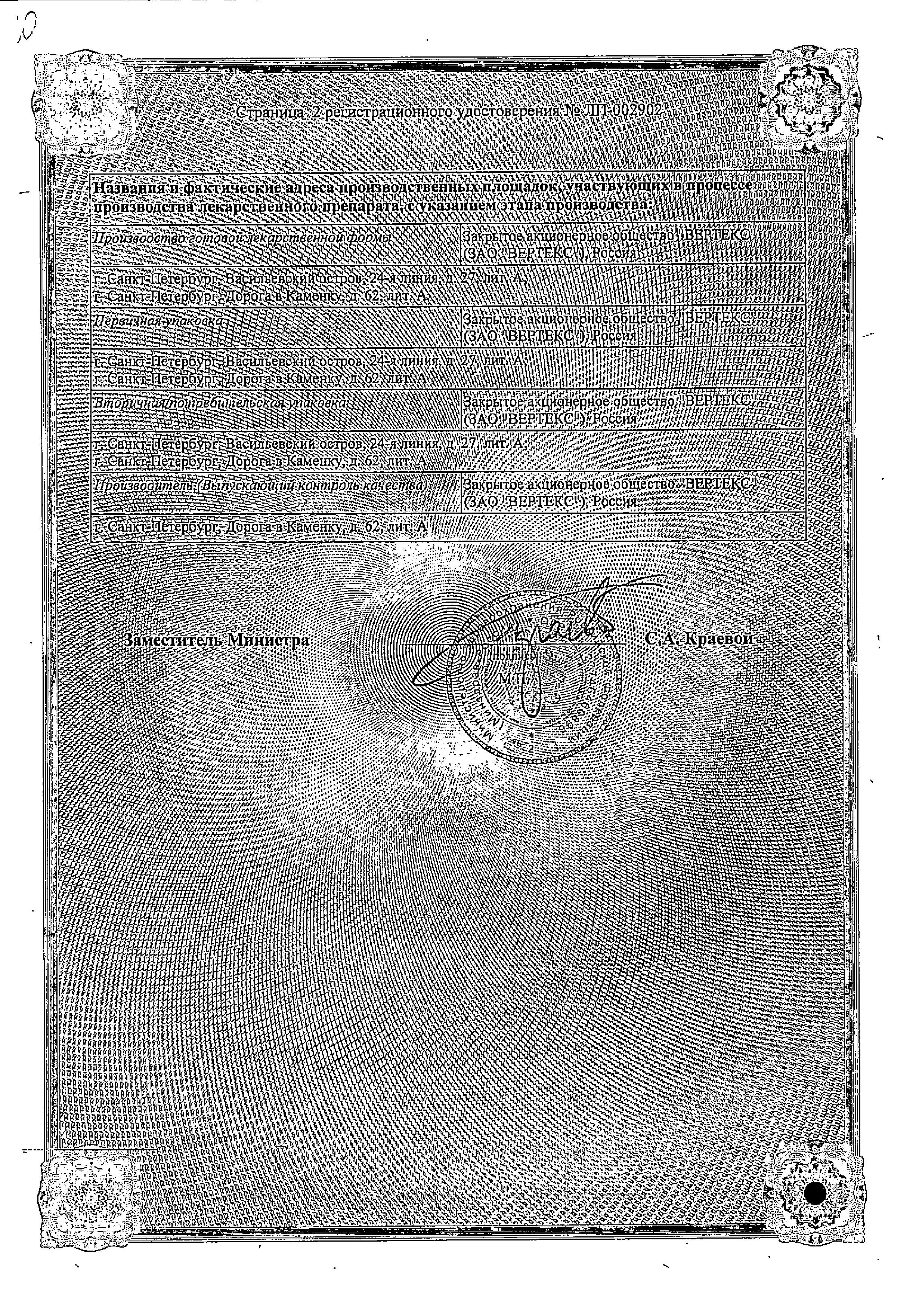 Сертификат на Небиволол, таблетки 5 мг (Вертекс), 28 шт.