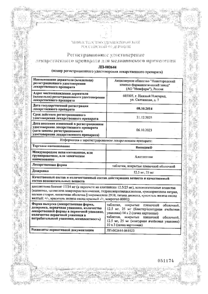 Сертификат на Випидия, таблетки покрыт. плен. об. 12,5 мг, 28 шт.
