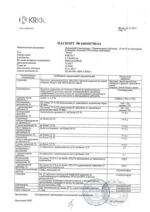 Сертификат на Дальнева, таблетки 10 мг+8 мг, 90 шт. Сертификат на Дальнева, таблетки 10 мг+8 мг, 90 шт.
