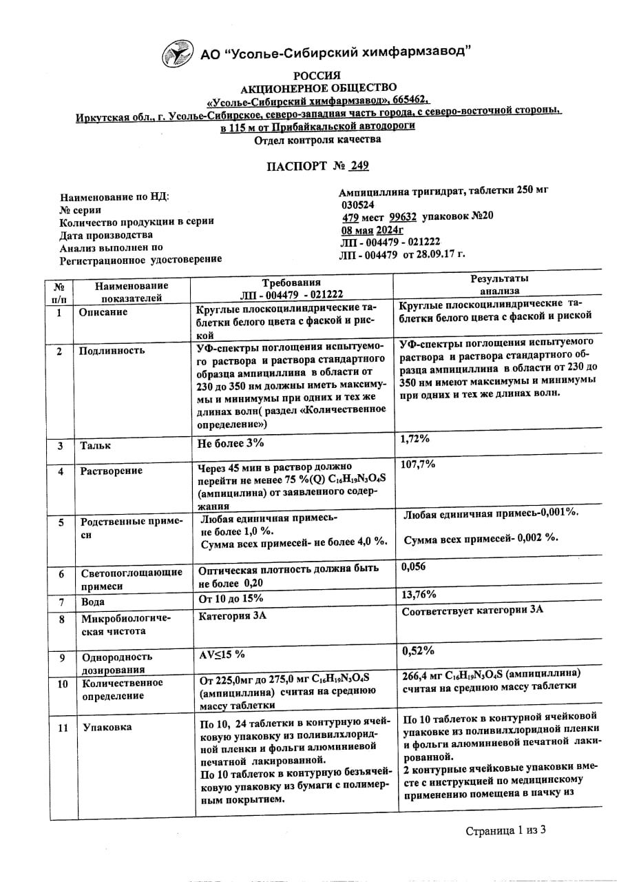 Сертификат Ампициллина тригидрат Сертификат Ампициллина тригидрат