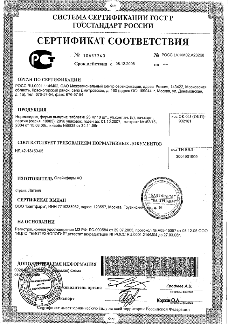 Сертификат Нормазидол Сертификат Нормазидол