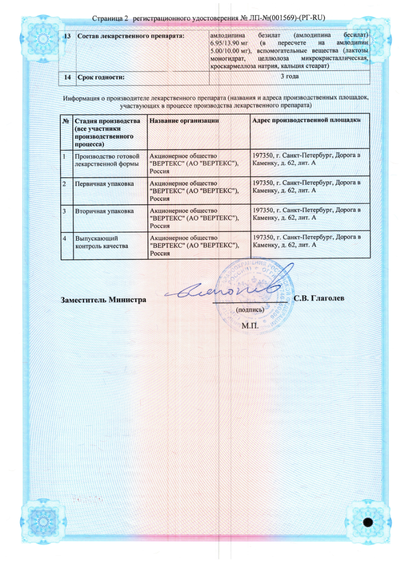 Сертификат на Амлодипин-Вертекс таблетки 5 мг, 30