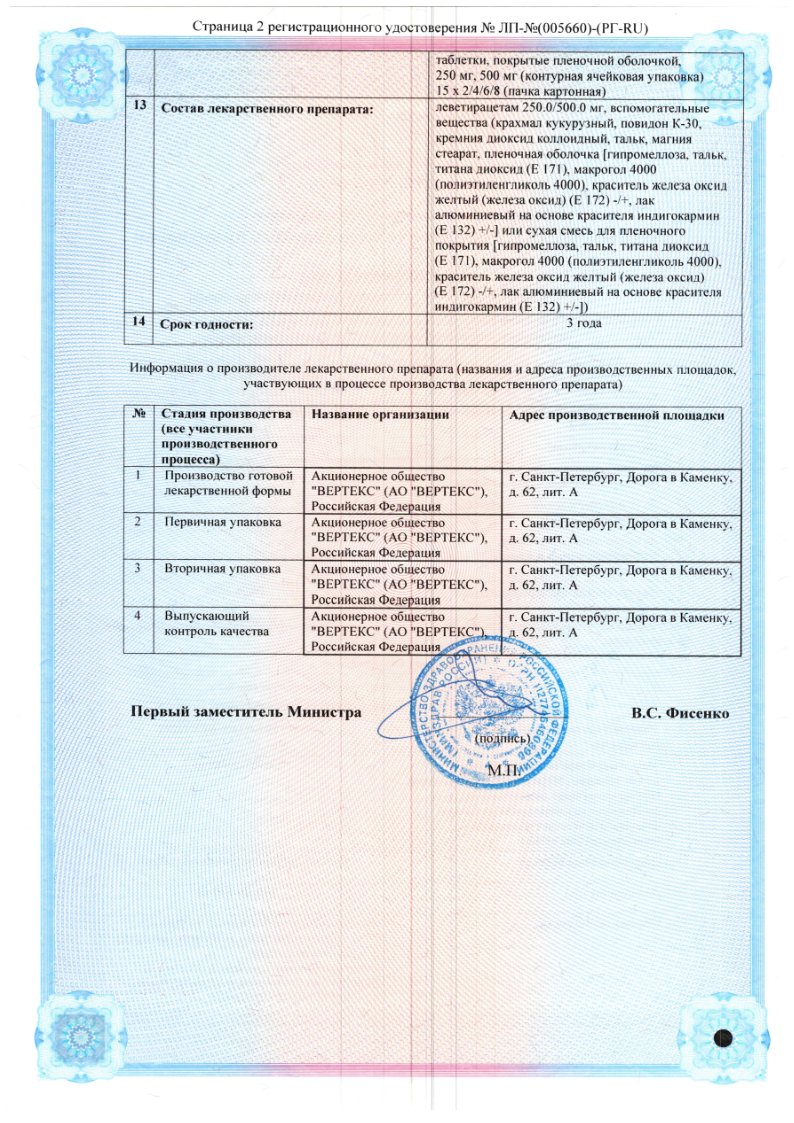 Сертификат на Леветирацетам-ВЕРТЕКС, таблетки покрыт. плен. об. 500 мг, 60 шт.