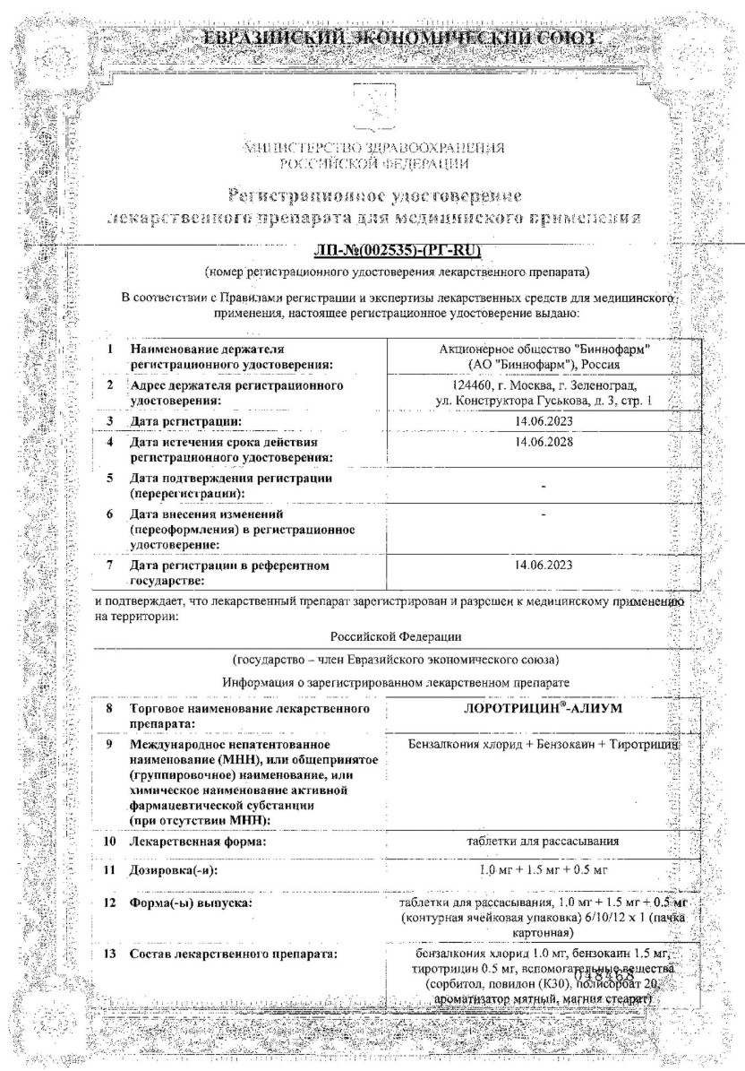 Сертификат Лоротрицин