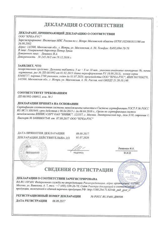 Сертификат на Дальнева, таблетки 5 мг+8 мг, 90 шт. Сертификат на Дальнева, таблетки 5 мг+8 мг, 90 шт.