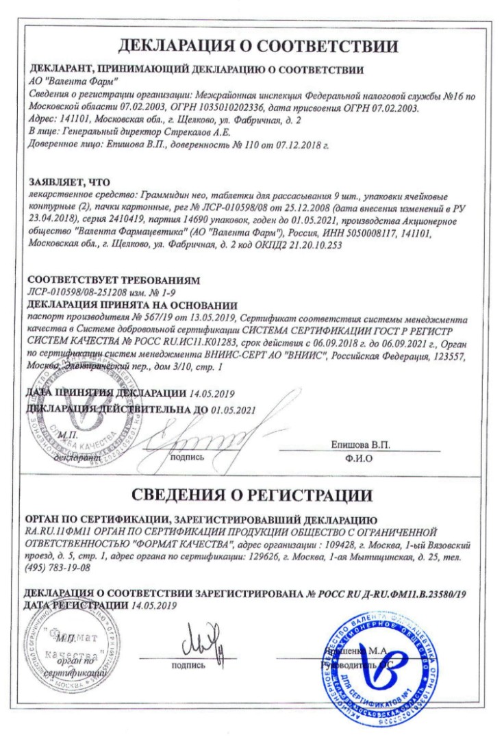 Сертификат Граммидин Сертификат Граммидин