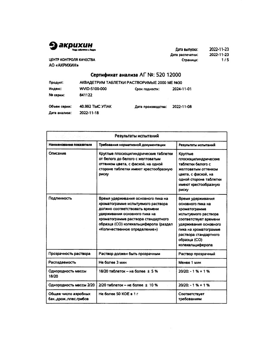 Сертификат на Аквадетрим, таблетки растворимые 2000 МЕ, 30 шт.
