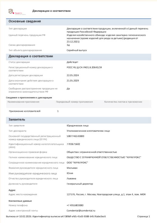 Сертификат Curaprox Сертификат Curaprox